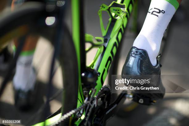 Taylor Phinney of United States riding for Cannondale Drapac wears socks supporting the Paris Accord on climate change during stage seven of the 2017...