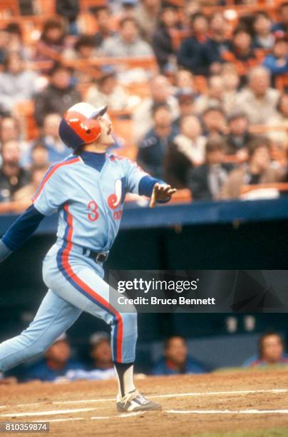 Bryan Little of the Montreal Expos swings at the pitch during an MLB game against the New York Mets on April 19, 1984 at Shea Stadium in Flushing,...