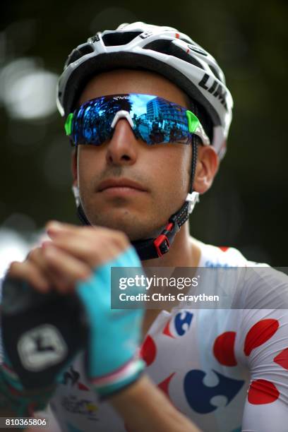 Fabio Aru of Italy riding for Astana Pro Team in the King of the Mountains jersey prepares to start stage seven of the 2017 Le Tour de France, a...