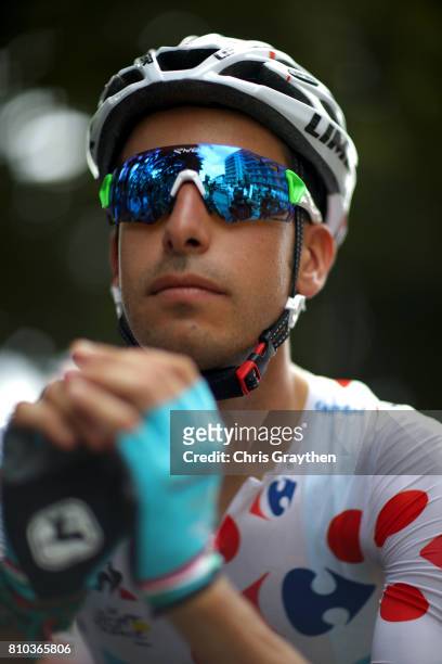 Fabio Aru of Italy riding for Astana Pro Team in the King of the Mountains jersey prepares to start stage seven of the 2017 Le Tour de France, a...