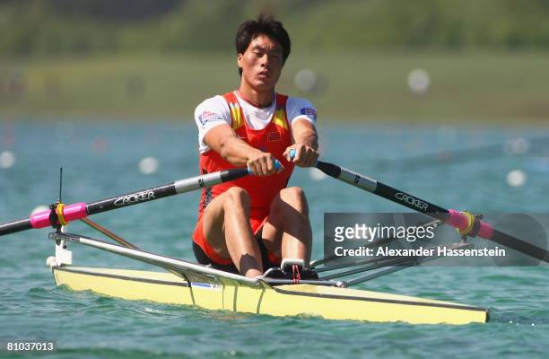 Liang Zhang of China competes at the Men single Scull during day 2 of the FISA Rowing World Cup at the Ruderregattastrecke on May 9, 2008 in...