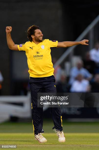 Hampshire bower Shahid Afridi celebrates his second wicket during the NatWest T20 Blast match between Glamorgan and Hampshire at SWALEC Stadium on...