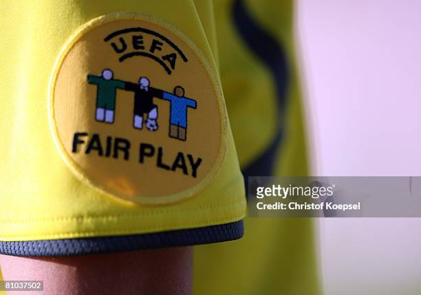 The official Uefa Fair play logo is seen during the Womens Euro 2009 qualifier match between Belgium and Germany at the KAS-Stadium on May 7, 2008 in...
