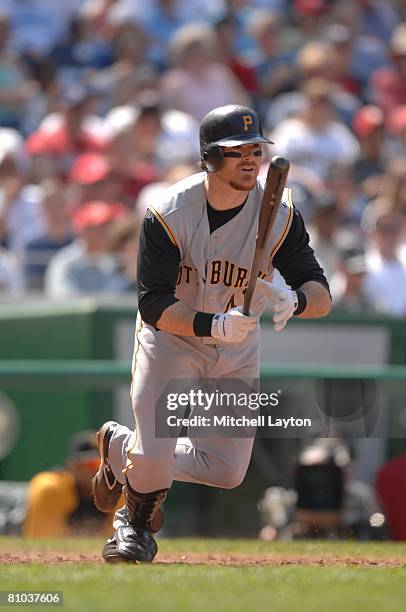 Ryan Doumit of the Pittsburgh Pirates bats during a baseball game against the Washington Nationals on May 4, 2008 at Nationals Park in Washington D.C.