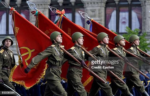 Soldiers march in the annual Victory Day military parade at Red Square May 9, 2008 in Moscow, Russia. Over 26 million Soviet soldiers killed during...
