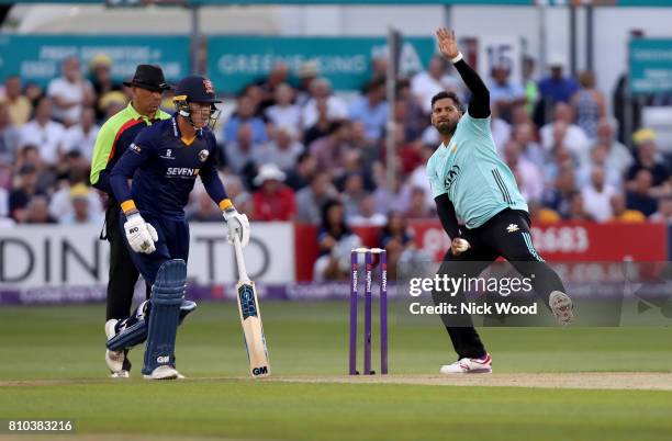 Ravi Rampaul of Surrey during his first bowling over during the Essex v Surrey - NatWest T20 Blast cricket match at the Cloudfm County Ground on July...