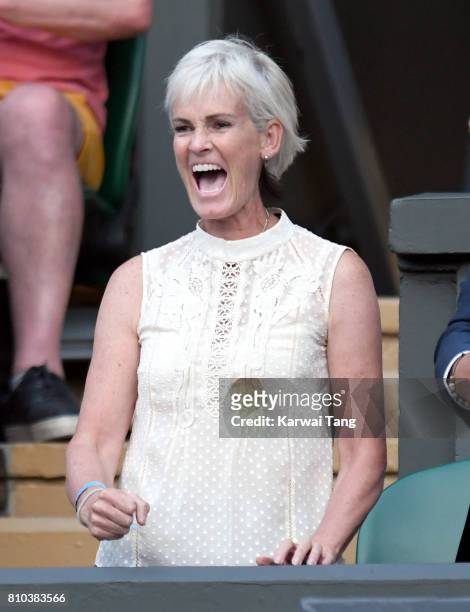 Judy Murray celebrates after Andy Murray defeats Fabio Fognini during day five of the Wimbledon Tennis Championships at the All England Lawn Tennis...