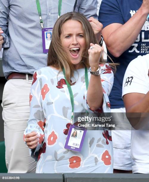 Kim Murray celebrates after Andy Murray defeats Fabio Fognini during day five of the Wimbledon Tennis Championships at the All England Lawn Tennis...