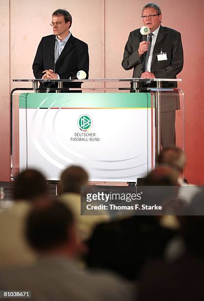 Chairboard member Peter Peters and DFB chairboard member Hermann Korfmacher speak during the DFB Lower Saxony Congress at the Hannover Congress...