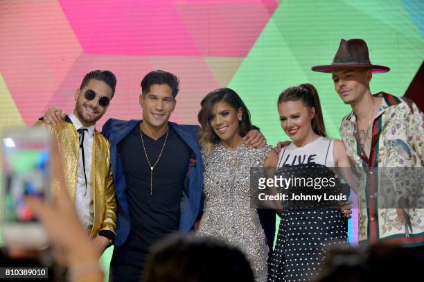 Maluma, Chino, Francisca Lachapel, Joy Uecke and Jesse Uecke attend the Univision's 'Premios Juventud' 2017 Celebrates The Hottest Musical Artists...