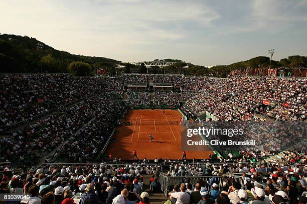 General view of Stadio Pietrangeli as the crowd watch as Radek Stepanek of the Czech Republic has a straight sets victory against Roger Federer of...
