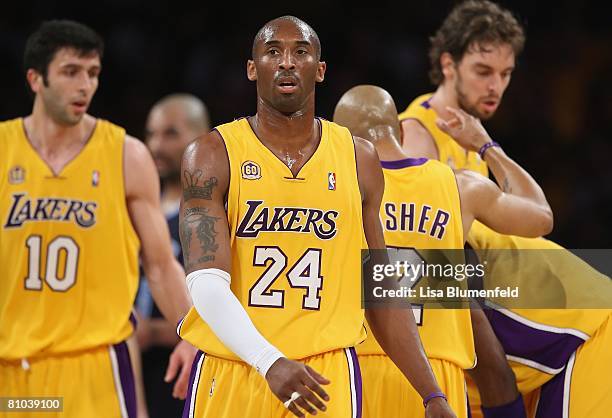 Kobe Bryant of the Los Angeles Lakers walks upcourt in Game Two of the Western Conference Semifinals against the Utah Jazz during the 2008 NBA...