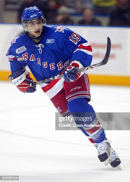 Nazem Kadri of the Kitchener Rangers skates against the Belleville Bulls in Game Five of the OHL Championship Final on May 8, 2008 at the Kitchener...