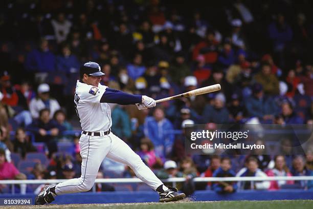 Detroit, MI Mickey Tettleton of the Detroit Tigers bats during a baseball game on April 15, 1994 at Tigers Stadium in Detroit, Michigan.