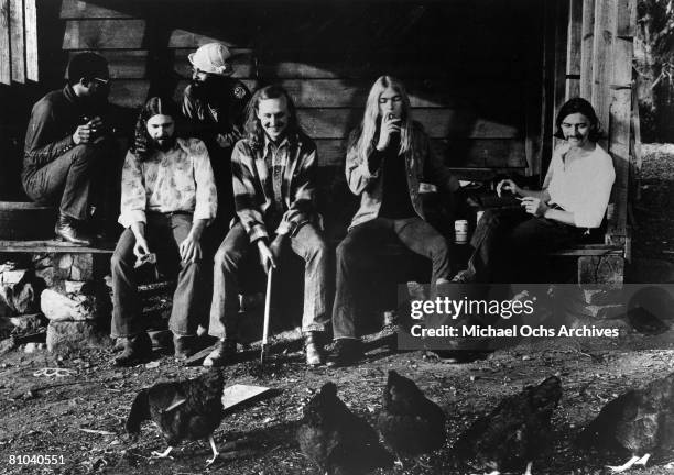 Southern rock band the "Allman Brothers" pose for a portrait in circa 1973. Jaimoe Johanson, Chuck Leavell, Lamar Williams, Butch Trucks, Gregg...