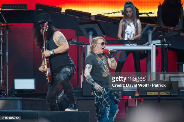 Axl Rose and Slash from Guns N' Roses perform at Stade de France on July 7, 2017 in Paris, France.