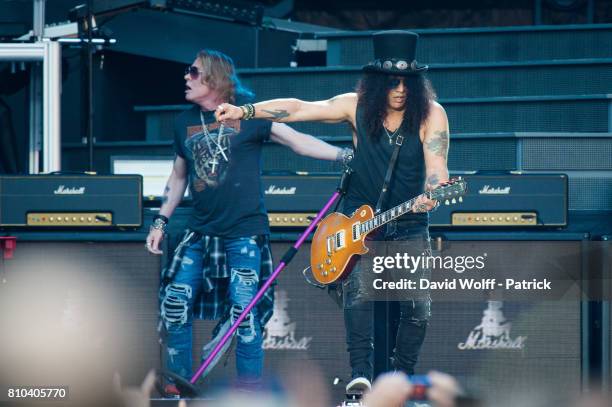 Axl Rose and Slash from Guns N' Roses perform at Stade de France on July 7, 2017 in Paris, France.