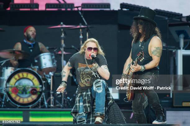 Axl Rose and Slash from Guns N' Roses perform at Stade de France on July 7, 2017 in Paris, France.