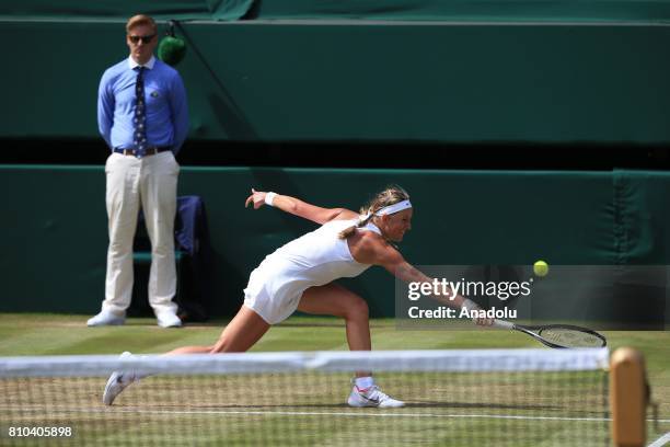Heather Watson of Great Britain in action against Victoria Azarenka of Belarus on day five of the 2017 Wimbledon Championships at the All England...