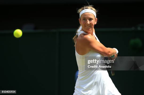 Heather Watson of Great Britain in action against Victoria Azarenka of Belarus on day five of the 2017 Wimbledon Championships at the All England...