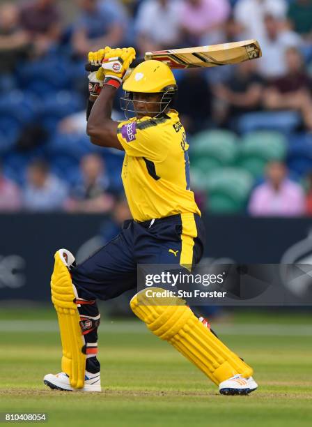 Hampshire batsman Michael Carberry hits out during the NatWest T20 Blast match between Glamorgan and Hampshire at SWALEC Stadium on July 7, 2017 in...