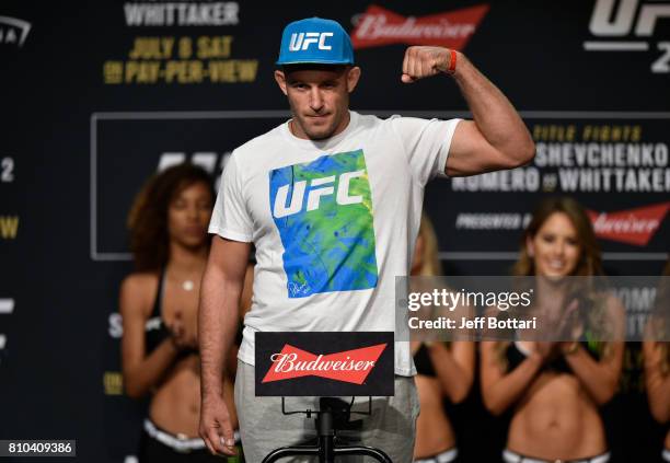 Aleksei Oleinik of Russia poses on the scale during the UFC 213 weigh-in at the Park Theater on July 7, 2017 in Las Vegas, Nevada.