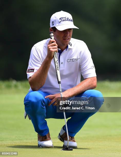 Ben Martin lines up his putt on the 15th green during round two of The Greenbrier Classic held at the Old White TPC on July 7, 2017 in White Sulphur...