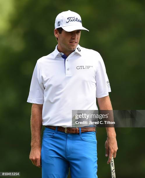 Ben Martin lines up his putt on the 15th green during round two of The Greenbrier Classic held at the Old White TPC on July 7, 2017 in White Sulphur...