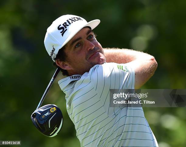 Keegan Bradley tees off the 16th hole during round two of The Greenbrier Classic held at the Old White TPC on July 7, 2017 in White Sulphur Springs,...