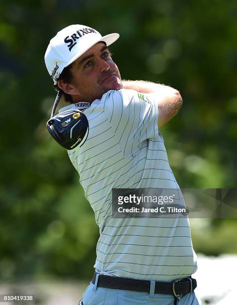 Keegan Bradley tees off the 16th hole during round two of The Greenbrier Classic held at the Old White TPC on July 7, 2017 in White Sulphur Springs,...