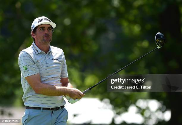 Keegan Bradley tees off the 16th hole during round two of The Greenbrier Classic held at the Old White TPC on July 7, 2017 in White Sulphur Springs,...