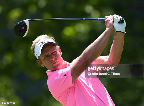 Luke Donald of England tees off the 16th hole during round two of The Greenbrier Classic held at the Old White TPC on July 7, 2017 in White Sulphur...