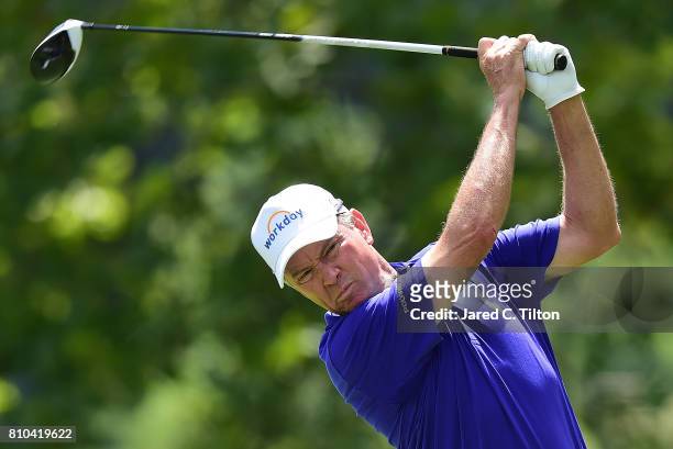 Davis Love III tees off the 16th hole during round two of The Greenbrier Classic held at the Old White TPC on July 7, 2017 in White Sulphur Springs,...