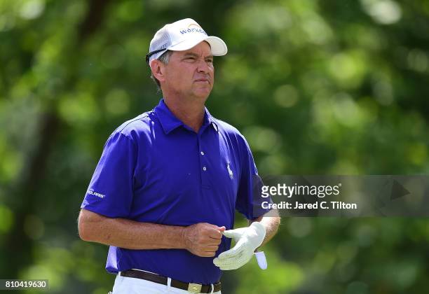 Davis Love III tees off the 16th hole during round two of The Greenbrier Classic held at the Old White TPC on July 7, 2017 in White Sulphur Springs,...