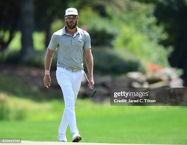 Graham DeLaet of Canada reacts after his putt on the 15th green during round two of The Greenbrier Classic held at the Old White TPC on July 7, 2017...