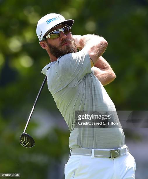 Graham DeLaet of Canada tees off the 16th hole during round two of The Greenbrier Classic held at the Old White TPC on July 7, 2017 in White Sulphur...