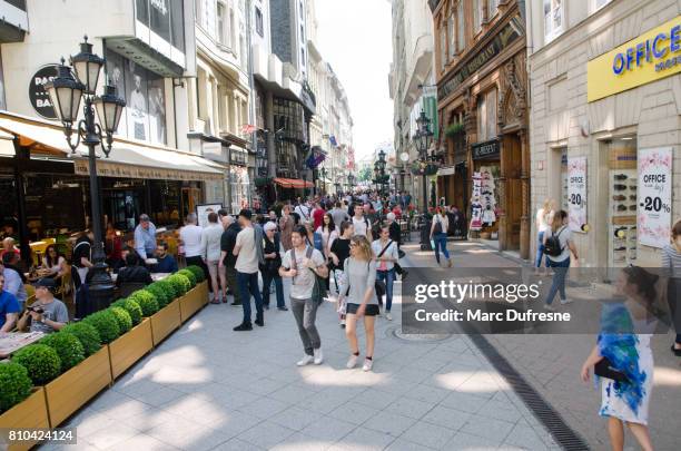 crowd walking on the touristic street (vaci) in budapest during summer day - vaci street stock pictures, royalty-free photos & images