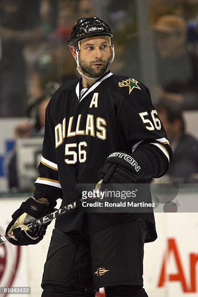 Sergei Zubov of the Dallas Stars looks on the ice against the San Jose Sharks during game six of the Western Conference Semifinals of the 2008 NHL...