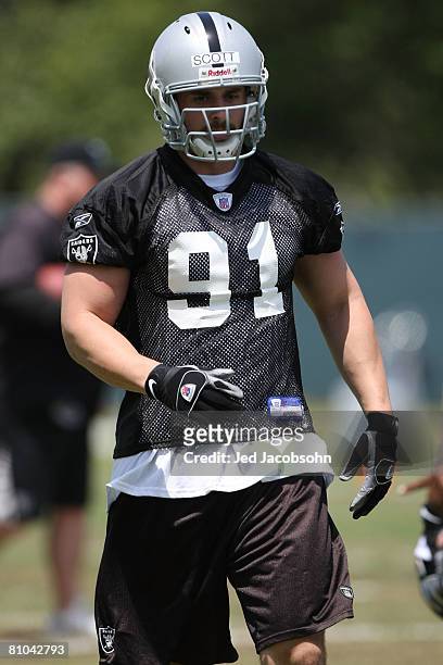 Trevor Scott of the Oakland Raiders works out at the rookie mini-camp at the Raiders training facility on May 9, 2008 in Alameda, California.