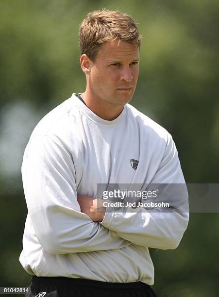 Head coach Lane Kiffin of the Oakland Raiders looks on at the rookie mini-camp at the Raiders training facility on May 9, 2008 in Alameda, California.
