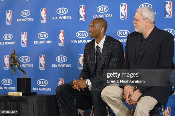 Kobe Bryant and head coach Phil Jackson of the Los Angeles Lakers during the 2007-08 NBA Most Valuable Player Award press conference presented by Kia...