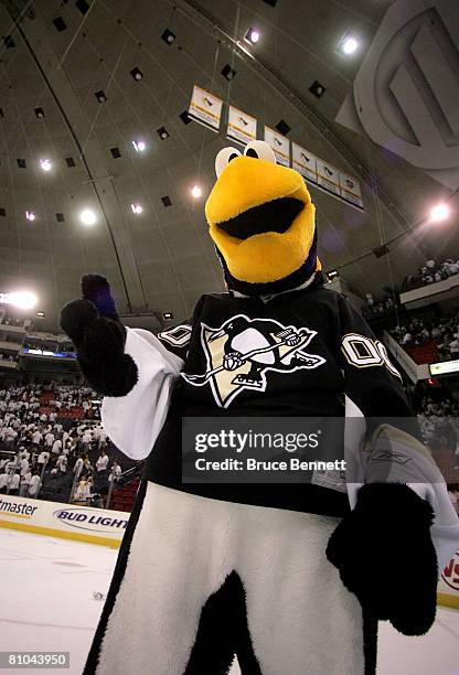 Mascot "Iceburgh" of the Pittsburgh Penguins celebrates after his team defeated the Philadelphia Flyers 4-2 in game one of the Eastern Conference...