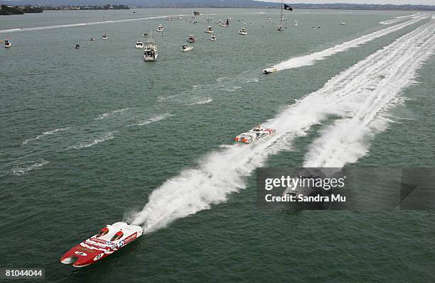 Fairview Windows, Cure Kids and Sleepyhead compete during an off-shore powerboats competition held at Waitemata Harbour May 10, 2008 in Auckland, New...