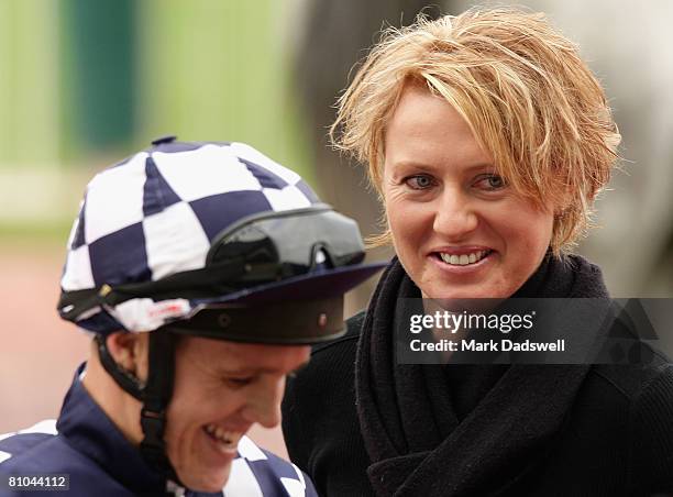 Trainer of Not A Copy Nikki Burke speaks with Brian Park after winning Race Three the Winning Edge Presentations Plate during the Thoroughbred Club...