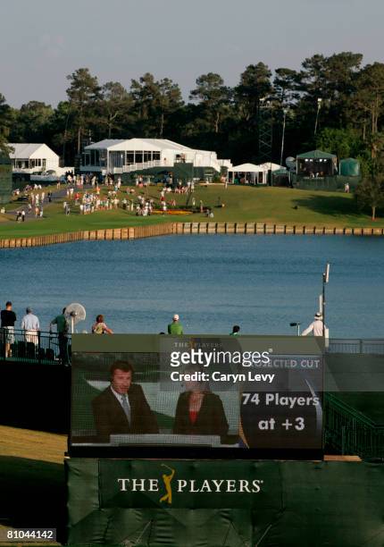 Nick Faldo and Kelly Tilghman appear live on the Mitsubishi electronic scoreboard during the second round of THE PLAYERS Championship on THE PLAYERS...