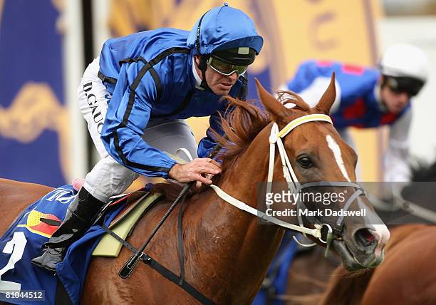 Darren Gauci riding Gunfire Messiah wins Race Six the Thoroughbred Club Cup during the Thoroughbred Club Cup Day meeting at Caulfield Racecourse May...