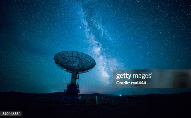 星空の下で衛星放送受信アンテナ - 天体望遠鏡 ストックフォトと画像