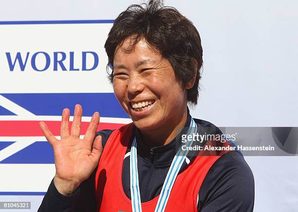 Jong Rye Lee of Korea wins the Arms women's Single Sculls competition during day 3 of the FISA Rowing World Cup at the Ruderregattastrecke on May 10,...