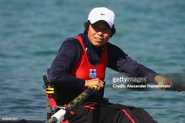 Jong Rye Lee of Korea wins the Arms women's Single Sculls competition during day 3 of the FISA Rowing World Cup at the Ruderregattastrecke on May 10,...