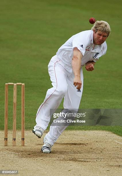 Matthew Hoggard of England bowls during day three of the match between the England Lions and New Zealand at The Rose Bowl on May 10, 2008 in...